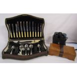 Thomas Ward & Sons 'Wardonia' canteen of cutlery, a wooden box and a pair of Prinz binoculars