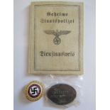 German Secret State Police ID card and badges - Karl-Heinz Criminal Commissioner
