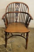 Victorian yew wood Windsor chair with crinoline stretcher