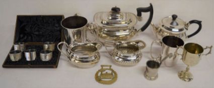 Silver plate tea set, case containing 4 + 1 silver plate serviette rings, silver plate tankards etc