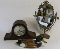 Wooden decoy type duck, brass toilet mirror & Jahresuhrenfabrik oak cased mantel clock