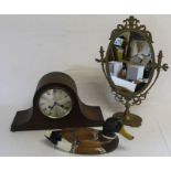 Wooden decoy type duck, brass toilet mirror & Jahresuhrenfabrik oak cased mantel clock