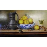 Oil on board depicting still life "Pewter & Wine" signed Paul Wilson (b.1945) approximately 77.5cm x