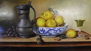 Oil on board depicting still life "Pewter & Wine" signed Paul Wilson (b.1945) approximately 77.5cm x