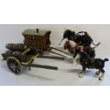3 ceramic shire horses & gypsy caravan / cart