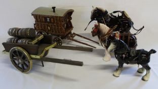 3 ceramic shire horses & gypsy caravan / cart