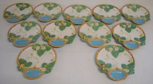 11 Victorian Minton majolica scallop form strawberry & cream dishes (one with chip to rim) each 21.