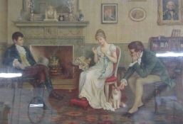 Large oak framed Edwardian colour print 'Two strings to her Bow' approx. 88.5cm x 69cm (includes
