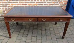 Maple & Co blue leather topped library table in mahogany on tapering legs approx. L 182cm x W 107cm