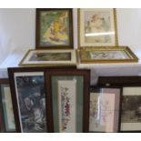 Selection of framed prints including vintage K Nixon & embroidered panels