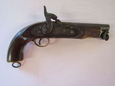 Tower V.R 19th Century flintlock pistol with brass fittings and holster clip - approx. 11" from