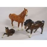 3 Beswick horses including one foal, 1 horse missing an ear