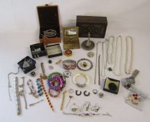 Collection of costume jewellery and a cigarette case, also includes a small amount of silver and a