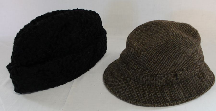 James Lock & Co tweed trilby (L) & Wigens faux Persian lamb hat size 62 with original boxes