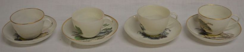 4 early 19th century bute shape tea cups & saucers possibly Pinxton with landscape decoration ,