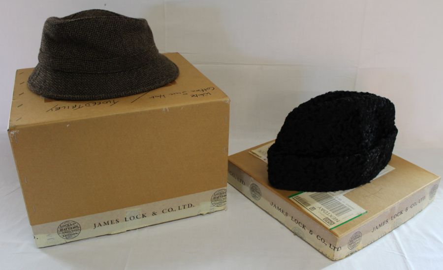James Lock & Co tweed trilby (L) & Wigens faux Persian lamb hat size 62 with original boxes - Image 2 of 2