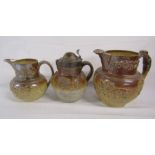 Collection of brown salt glaze jugs, one with pewter lid - depicting horse and hounds