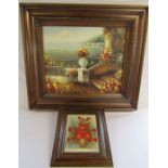 2 Continental oil paintings - coastal scene unsigned approx. 8735cm x 78cm  vase of roses signed and