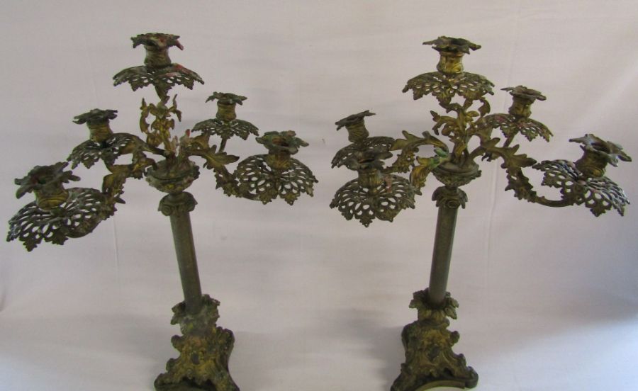 Pair of heavy gilded metallic ornate 5 branch candelabra - all parts unscrew - approx. Ht 25" - Image 2 of 5