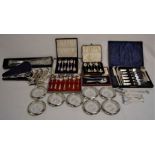 Silver plate & glass coasters, fish servers, asparagus tongs, cased coffee spoons etc