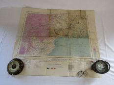 Military Calcutta map and compass with 2 smaller compasses includes one German and a barometer