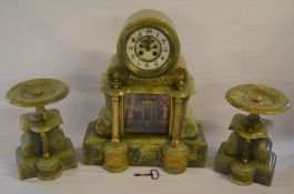 Large onyx drum head clock garniture with mercury pendulum Ht 46cm