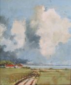 Oil painting depicting lake scene, signed Thomson approx. 61cm x 71cm