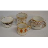 2 early 19th century porcelain teacups, a coffee can & a small mug with a gilded J monogram