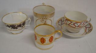 2 early 19th century porcelain teacups, a coffee can & a small mug with a gilded J monogram