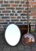 Regency style magazine rack, Victorian warming pan, oval mirror & a piano stool