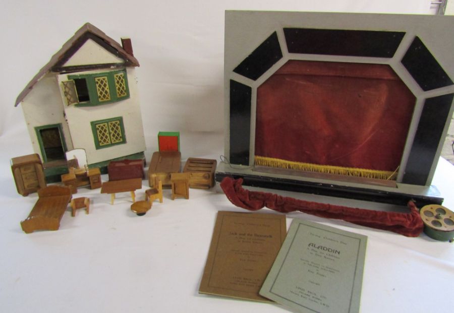 Homemade dolls house with furniture (not handmade) and Triang theatre with plays and cardboard
