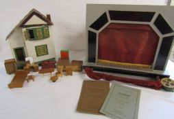 Homemade dolls house with furniture (not handmade) and Triang theatre with plays and cardboard