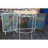 Arts & Crafts fire screen & a wrought iron fire screen both with needle point panels & a wrought