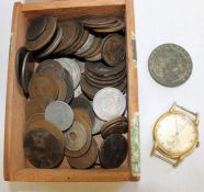 Various coins including George III cartwheel penny & A.E.C gentleman's wristwatch (no strap)