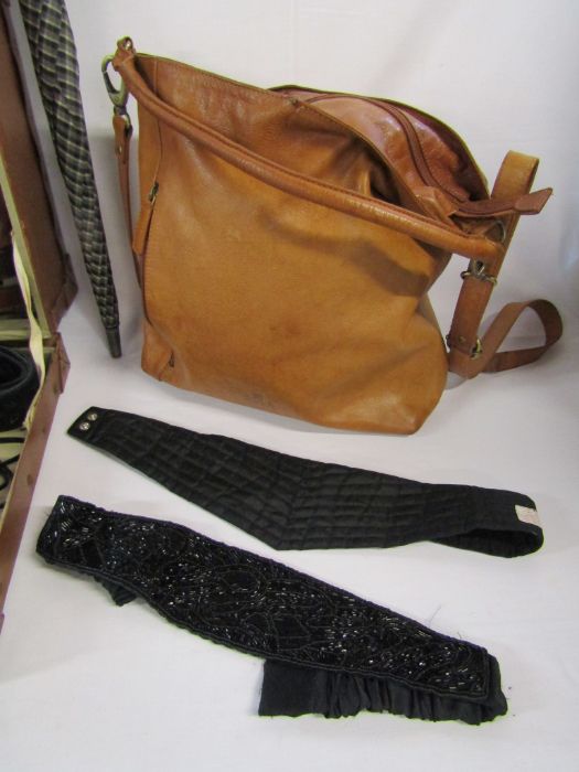 Vintage suitcase and contents to include leather dress gloves, leather ice skates by W.Abbott & - Image 2 of 3