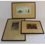 3 framed etchings:- "Clovelly" by Reginald Green, "Sussex Mills" by George Huardel-Bly & "St