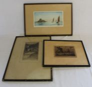 3 framed etchings:- "Clovelly" by Reginald Green, "Sussex Mills" by George Huardel-Bly & "St