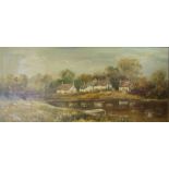 Oil painting depicting a lake scene signed 'FEGAN' - note on the back stating 'This painting may