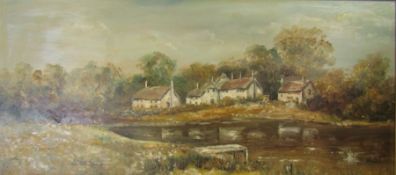 Oil painting depicting a lake scene signed 'FEGAN' - note on the back stating 'This painting may