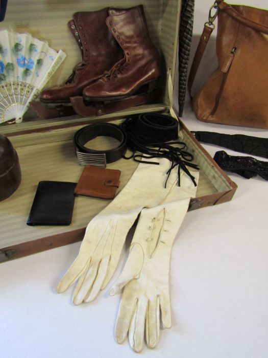 Vintage suitcase and contents to include leather dress gloves, leather ice skates by W.Abbott & - Image 3 of 3