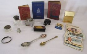 Collection of items to include a small amount of silver (silver topped jars) Brooke Bond cards,