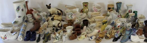 Collection of ceramic boots & 3 Beswick Siamese cats (some damage)
