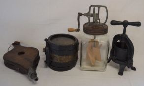 Kitchenalia collectables - Blow butter churn, bellows, small wooden cask & a cast iron press