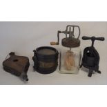 Kitchenalia collectables - Blow butter churn, bellows, small wooden cask & a cast iron press