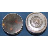 French circular white metal pill pot marked Bointabure a Paris, silver pot with tortoiseshell