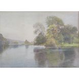 John Pedder watercolour landscape with lake in foreground approx. 49.35cm x 39.5cm (includes frame)