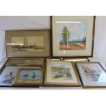 Various framed watercolours of coastal scenes & embroidered panels etc.