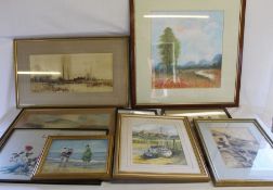 Various framed watercolours of coastal scenes & embroidered panels etc.
