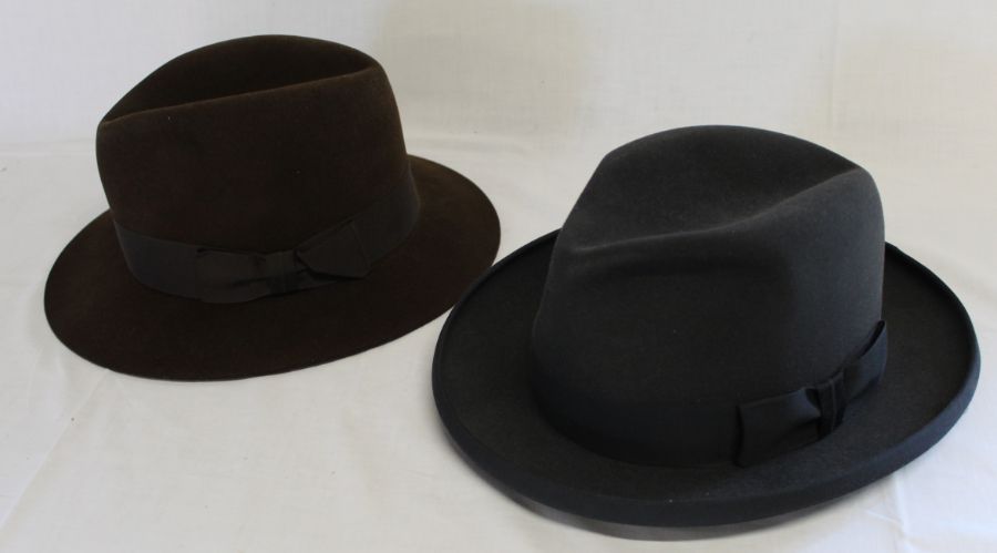 James Lock & Co dark grey fur felt homburg & brown fur felt trilby both 7 3/8 60cm with original