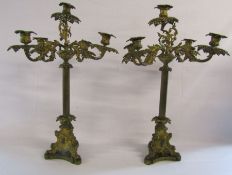 Pair of heavy gilded metallic ornate 5 branch candelabra - all parts unscrew - approx. Ht 25"